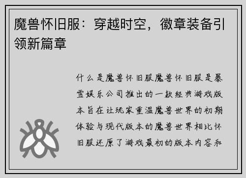 魔兽怀旧服：穿越时空，徽章装备引领新篇章